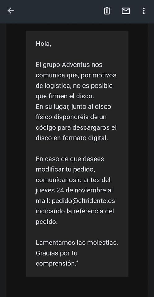 Adventus se disuelve a dos días de su nuevo disco: Manuel Ramil se queda sin compañeros 5 adventus mensaje